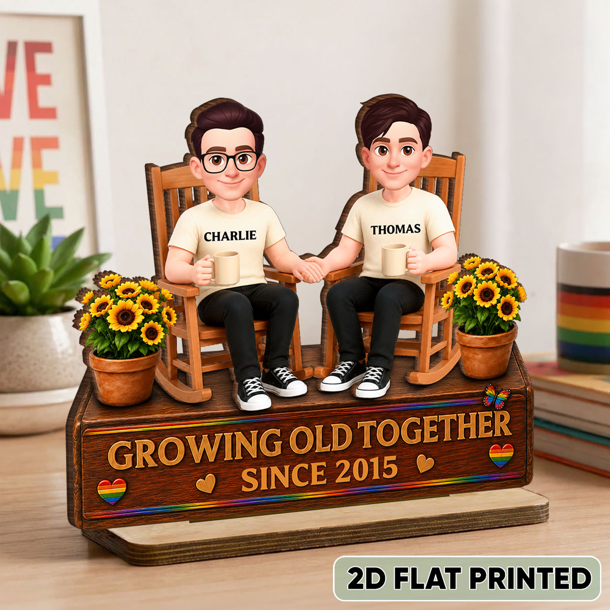 LGBT+ Couple Sitting On Garden - Personalized Wooden Plaque - Gift For Couple, Happy Pride Month