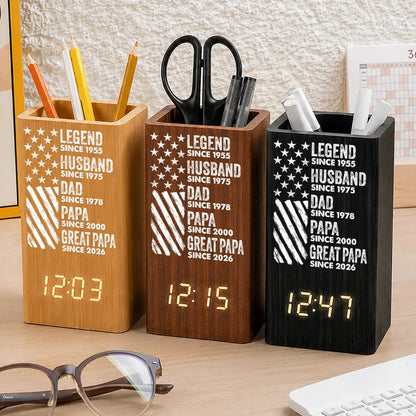 America Legend Husband Dad Papa Stars And Stripes - Personalized Pen Holder With Clock