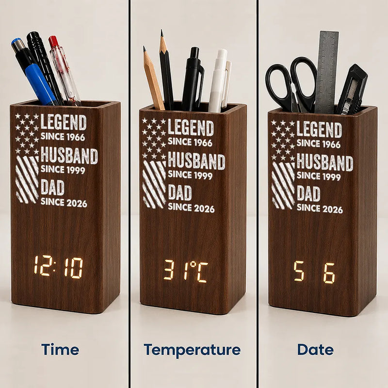 America Legend Husband Dad Papa Stars And Stripes - Personalized Pen Holder With Clock