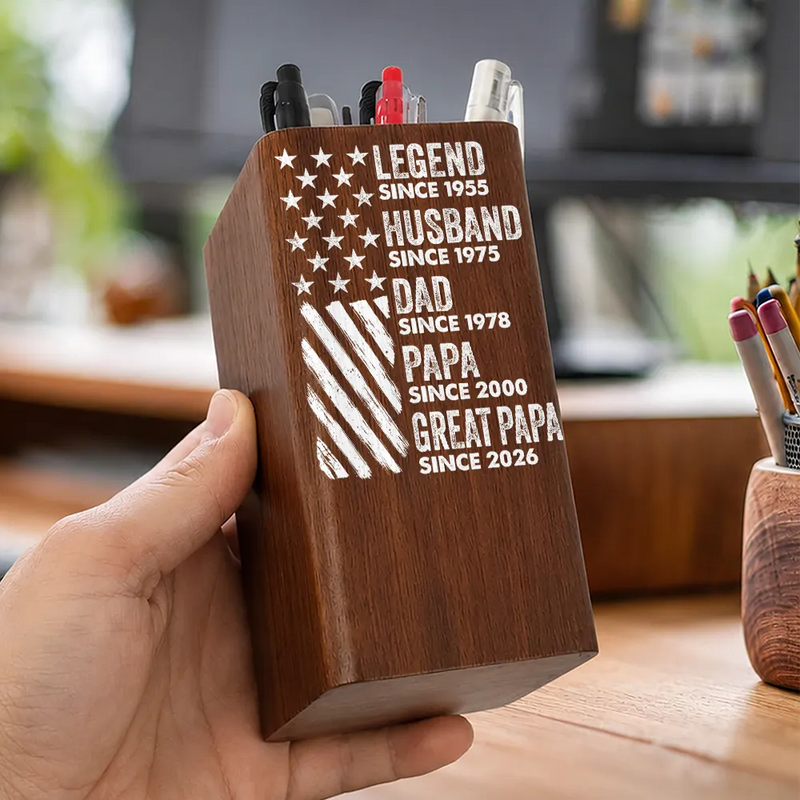 America Legend Husband Dad Papa Stars And Stripes - Personalized Pen Holder With Clock