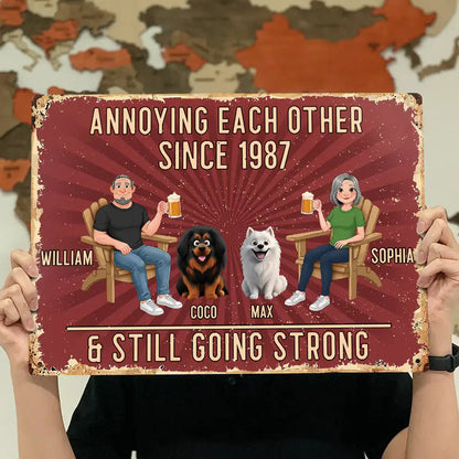 Animate Couple With Dog Cat Annoying Each Other - Personalized Classic Metal Signs