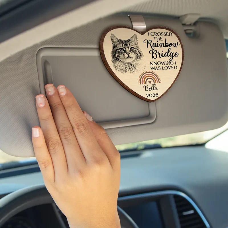 Custom Photo Pencil Sketch I Crossed The Rainbow Bridge Knowing I Was Loved - Personalized Custom Shaped Car Visor Clip