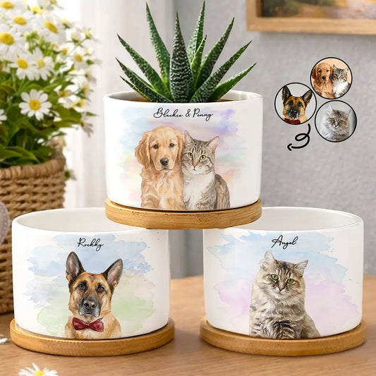 Custom Photo Realistic Watercolor Art Portrait Cat Dog Pet - Personalized Ceramic Plant Pot
