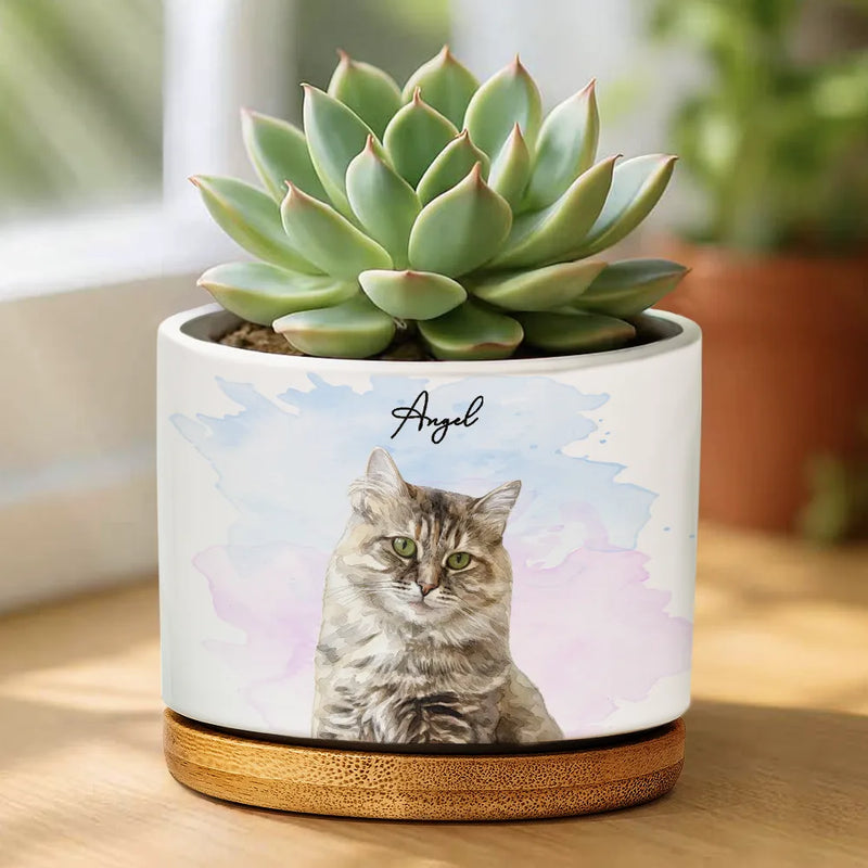 Custom Photo Realistic Watercolor Art Portrait Cat Dog Pet - Personalized Ceramic Plant Pot