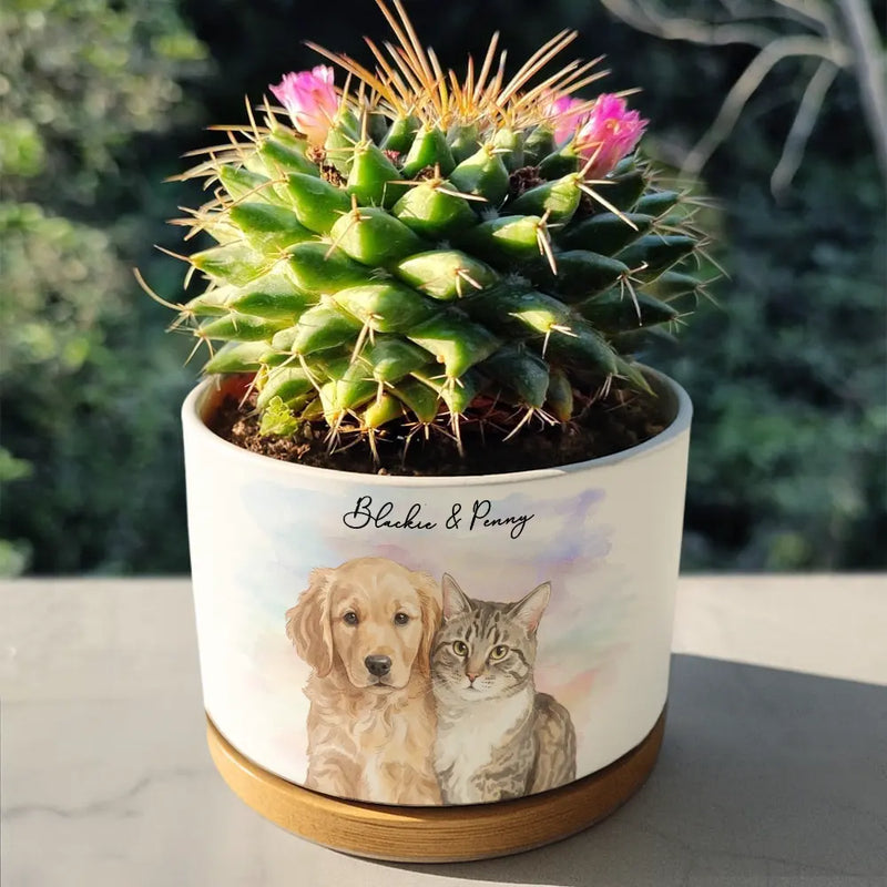 Custom Photo Realistic Watercolor Art Portrait Cat Dog Pet - Personalized Ceramic Plant Pot