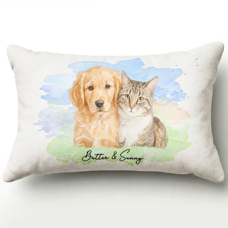 Custom Photo Realistic Watercolor Art Portrait Cat Dog Pet - Personalized Pillow