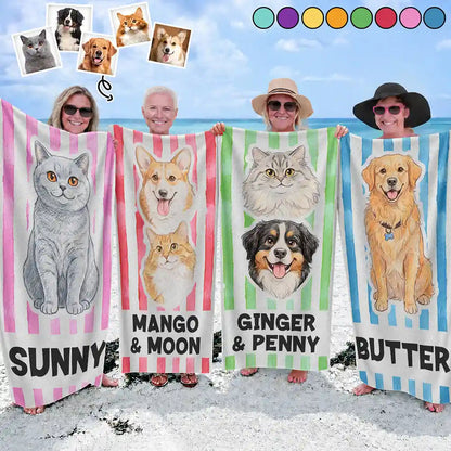 Custom Photo Colored Pencil Sketch Poolside Beach Vacation Dog Cat - Personalized Beach Towel