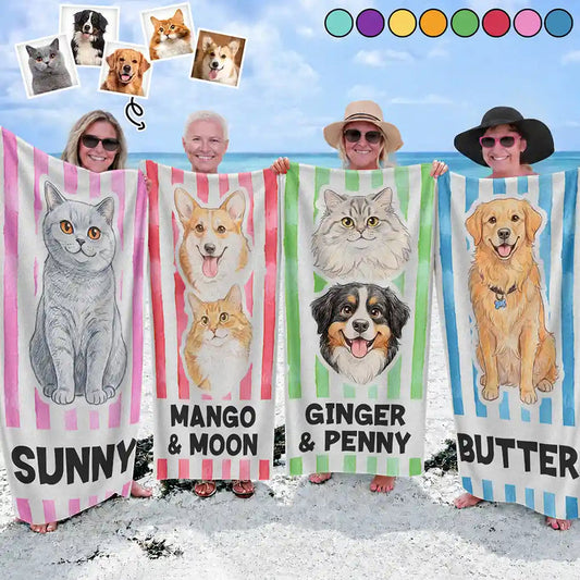 Custom Photo Colored Pencil Sketch Poolside Beach Vacation Dog Cat - Personalized Beach Towel