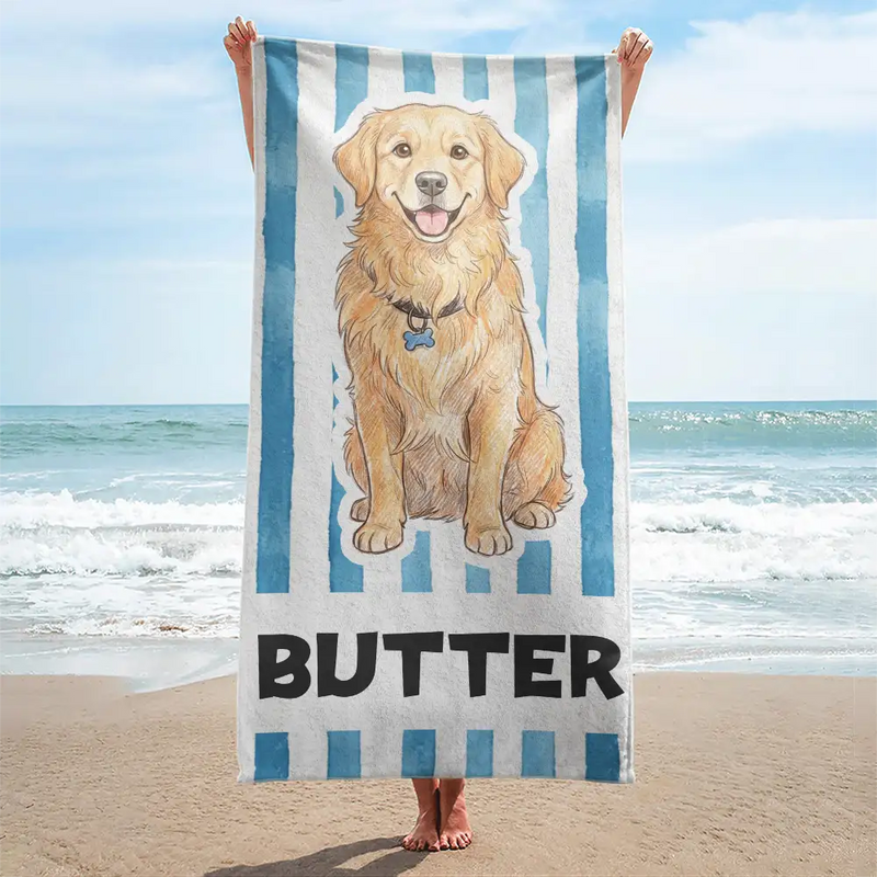 Custom Photo Colored Pencil Sketch Poolside Beach Vacation Dog Cat - Personalized Beach Towel