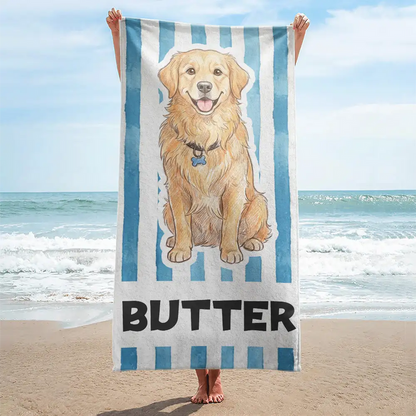 Custom Photo Colored Pencil Sketch Poolside Beach Vacation Dog Cat - Personalized Beach Towel