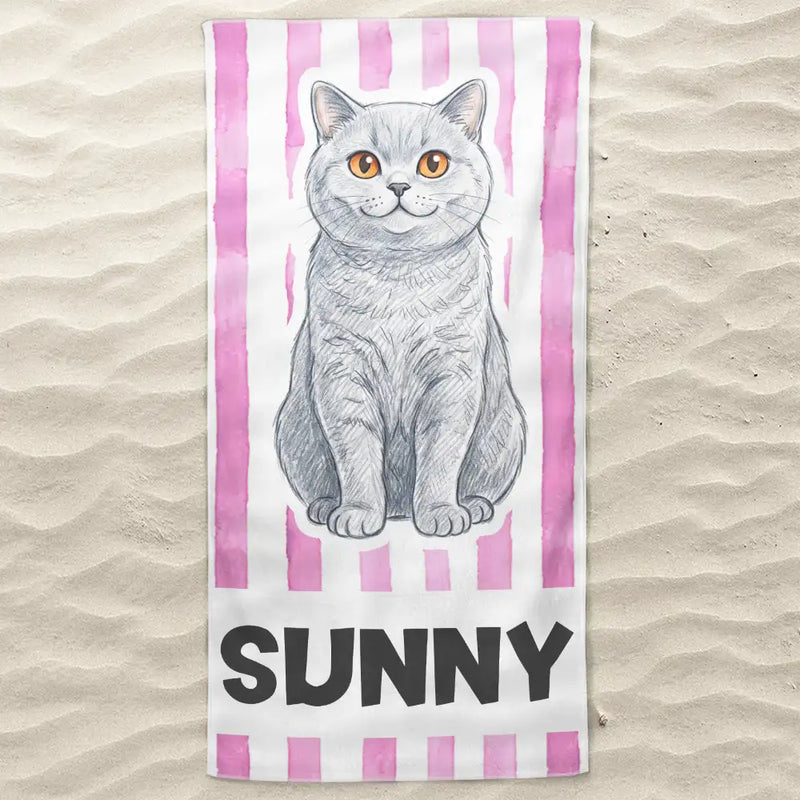 Custom Photo Colored Pencil Sketch Poolside Beach Vacation Dog Cat - Personalized Beach Towel