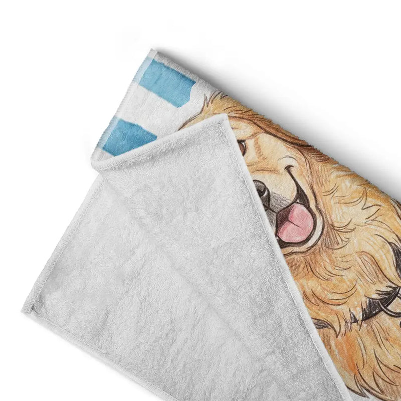 Custom Photo Colored Pencil Sketch Poolside Beach Vacation Dog Cat - Personalized Beach Towel
