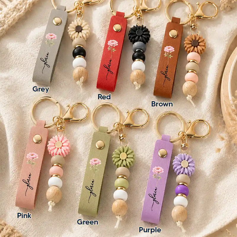 Birth Month Flower With Name - Personalized Leather Beaded Keychain