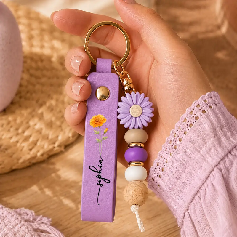 Birth Month Flower With Name - Personalized Leather Beaded Keychain
