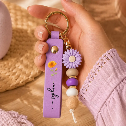 Birth Month Flower With Name - Personalized Leather Beaded Keychain
