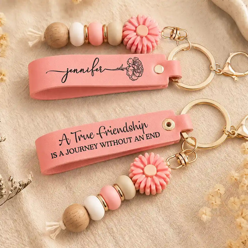 A True Friendship Is A Journey Without An End - Personalized Leather Beaded Keychain