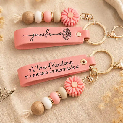 A True Friendship Is A Journey Without An End - Personalized Leather Beaded Keychain