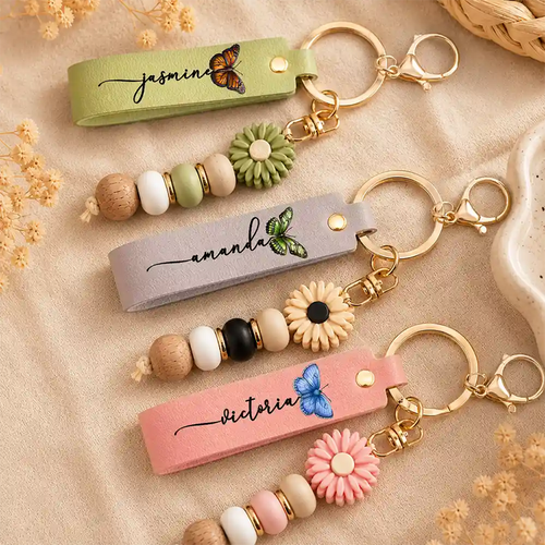 Colorful Butterflies And Name - Personalized Leather Beaded Keychain