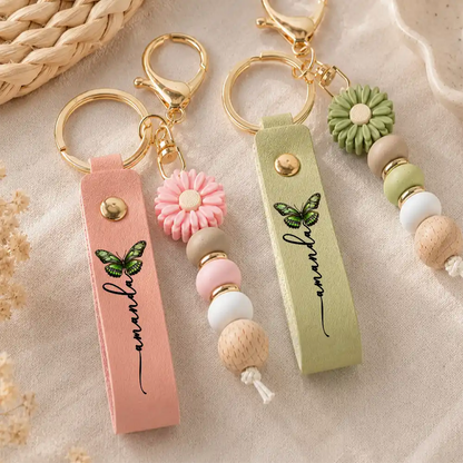 Colorful Butterflies And Name - Personalized Leather Beaded Keychain