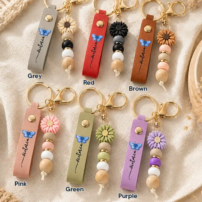 Colorful Butterflies And Name - Personalized Leather Beaded Keychain