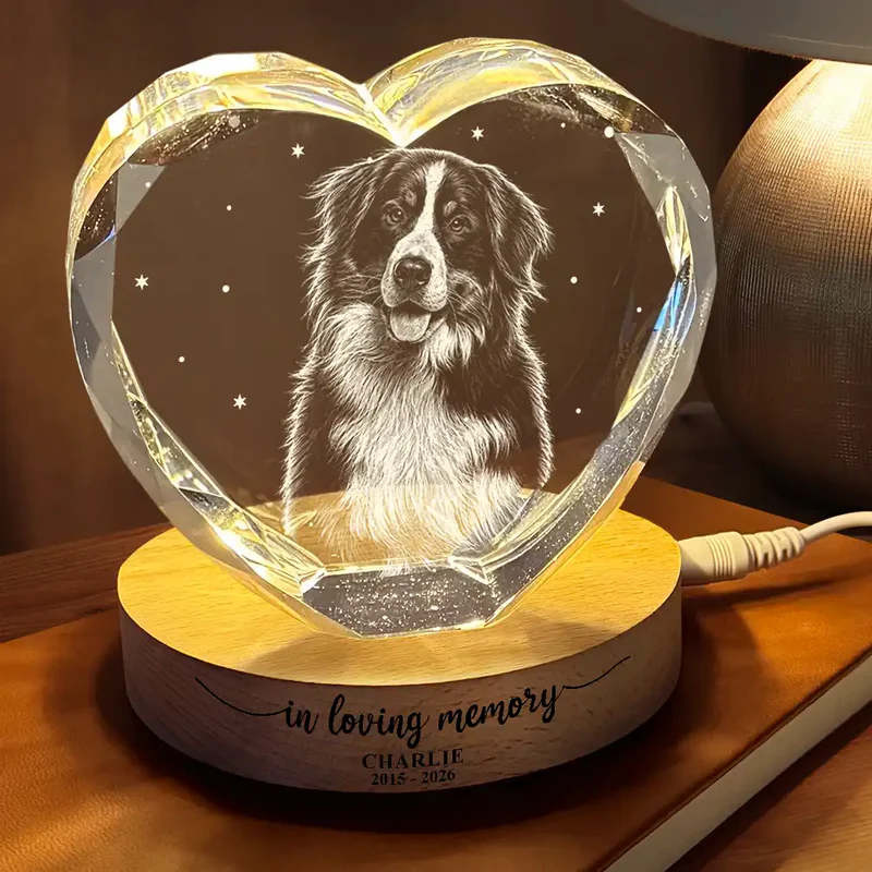 Custom Photo White Pencil Sketch Art Forever Loved Memorial Dog Cat - Personalized Crystal Heart Shaped Lamp