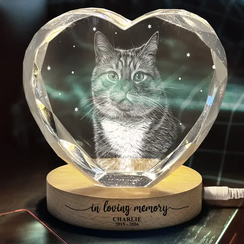 Custom Photo White Pencil Sketch Art Forever Loved Memorial Dog Cat - Personalized Crystal Heart Shaped Lamp