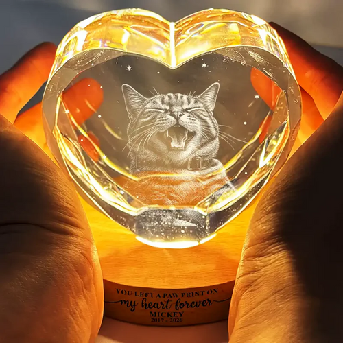 Custom Photo White Pencil Sketch Art Forever Loved Memorial Dog Cat - Personalized Crystal Heart Shaped Lamp
