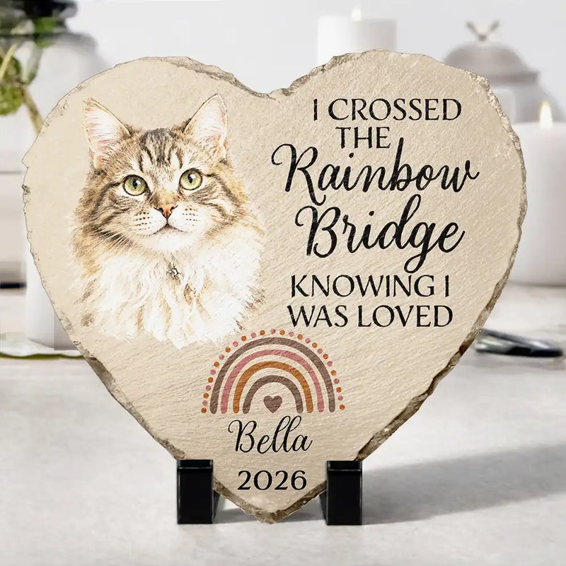 Custom Photo Realistic Watercolor Art I Crossed The Rainbow Bridge Knowing I Was Loved - Personalized Heart Memorial Garden Stone