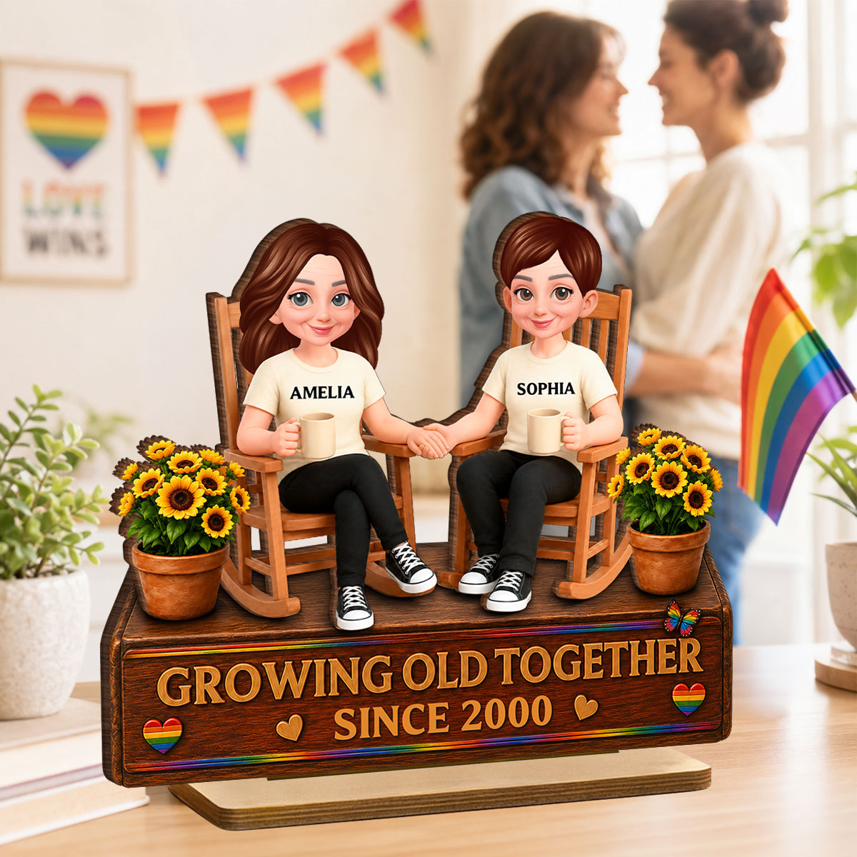 LGBT+ Couple Sitting On Garden - Personalized Wooden Plaque - Gift For Couple, Happy Pride Month