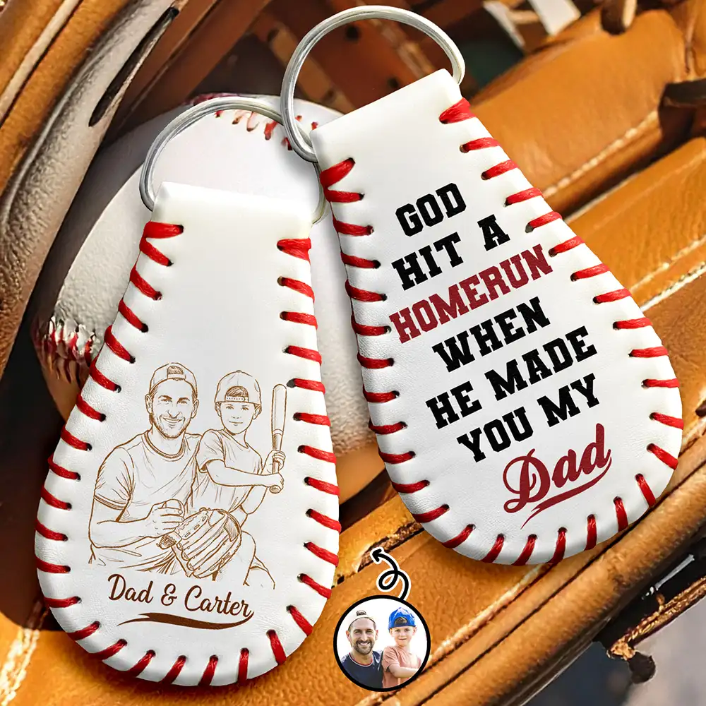 Custom Photo Bold Sketch Baseball God Hit A Home Run - Personalized Leather Baseball Keychain