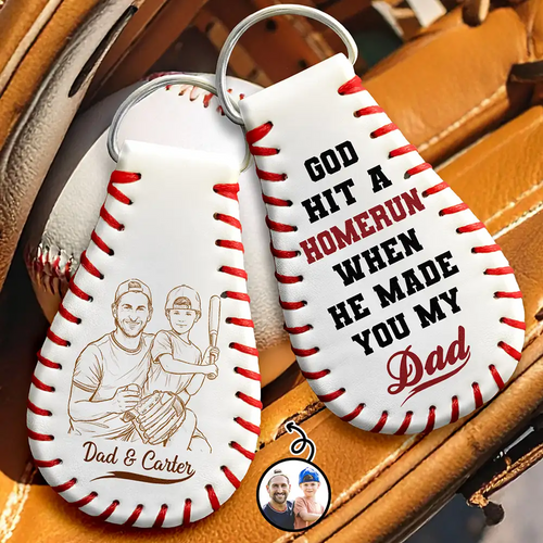Custom Photo Bold Sketch Baseball God Hit A Home Run - Personalized Leather Baseball Keychain