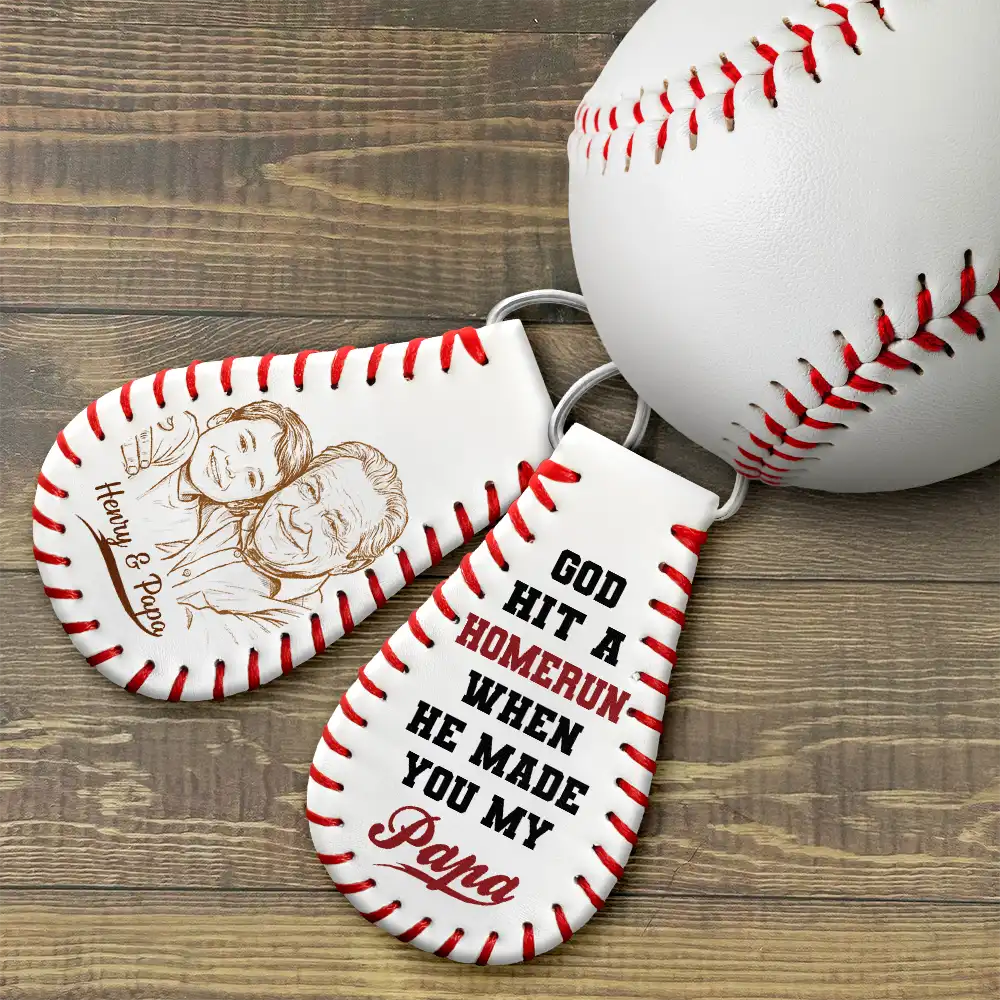 Custom Photo Bold Sketch Baseball God Hit A Home Run - Personalized Leather Baseball Keychain