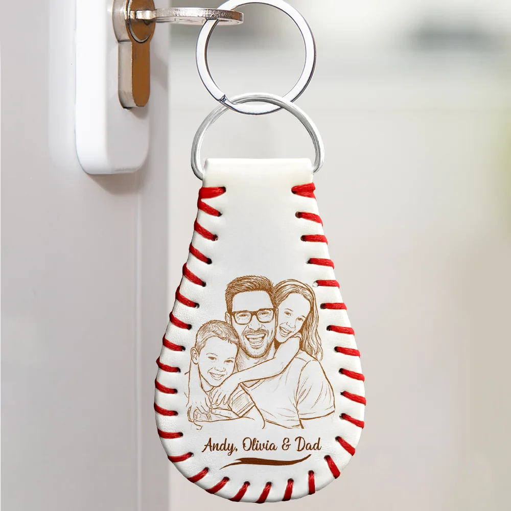 Custom Photo Bold Sketch Baseball God Hit A Home Run - Personalized Leather Baseball Keychain
