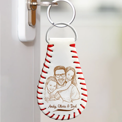 Custom Photo Bold Sketch Baseball God Hit A Home Run - Personalized Leather Baseball Keychain