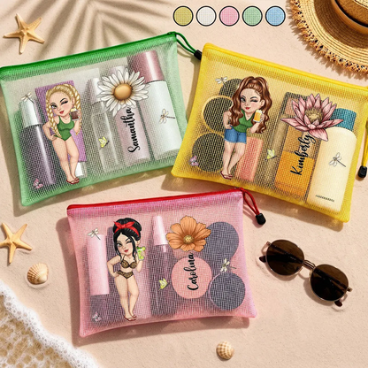 Birth Flower Woman, Besties, Sisters For Summer And Travel - Personalized Mesh Zipper Pouch