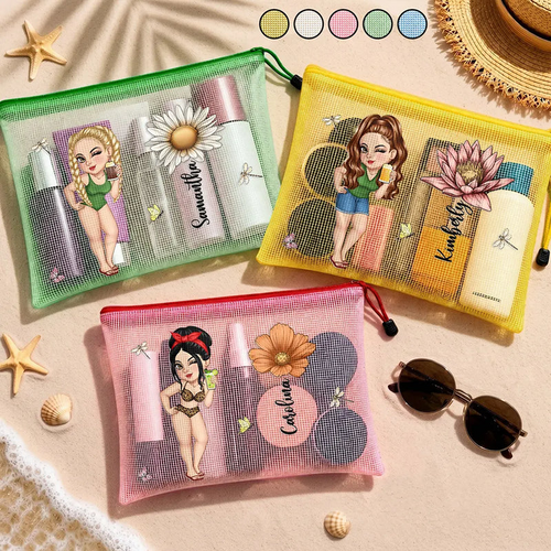 Birth Flower Woman, Besties, Sisters For Summer And Travel - Personalized Mesh Zipper Pouch