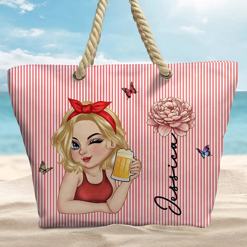 Birth Month Flower Turban Woman Stripe Pattern - Personalized Beach Bag