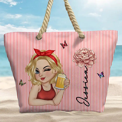 Birth Month Flower Turban Woman Stripe Pattern - Personalized Beach Bag