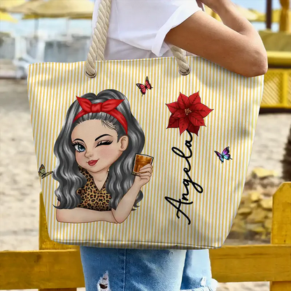 Birth Month Flower Turban Woman Stripe Pattern - Personalized Beach Bag
