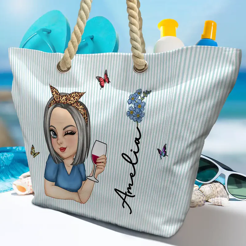 Birth Month Flower Turban Woman Stripe Pattern - Personalized Beach Bag