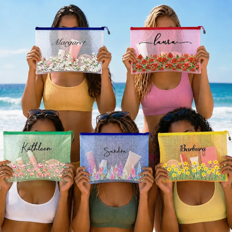 Birth Month Flower Watercolor Blooming In Love - Personalized Mesh Zipper Pouch