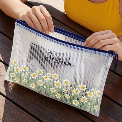 Birth Month Flower Watercolor Blooming In Love - Personalized Mesh Zipper Pouch