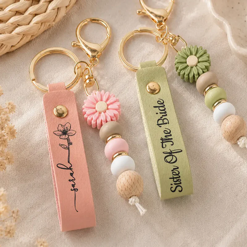 Bridesmaids Gift Birth Month Flower - Personalized Leather Beaded Keychain