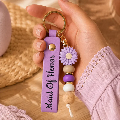 Bridesmaids Gift Birth Month Flower - Personalized Leather Beaded Keychain