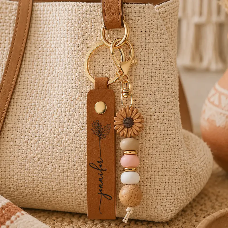 Bridesmaids Gift Birth Month Flower - Personalized Leather Beaded Keychain