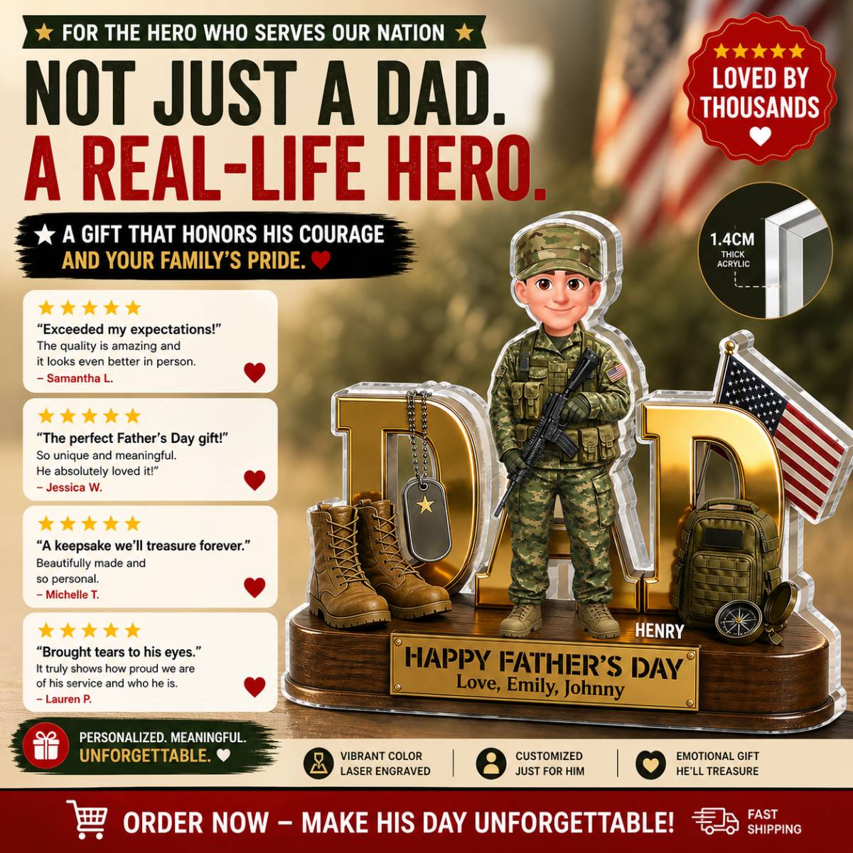 Proud American Military Armed Force Hero Dad 2D Flat - Personalized Acrylic Block Plaque - Father's Day Gift For Dad