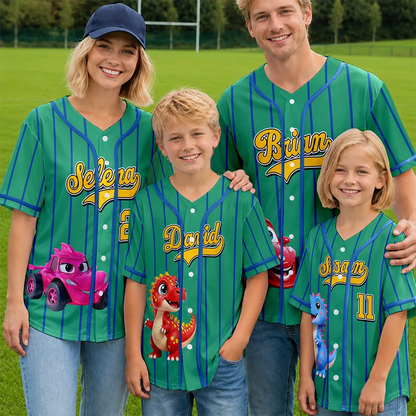 Cartoon Dinosaur Vehicles For Kids - Personalized Baseball Jersey Shirt