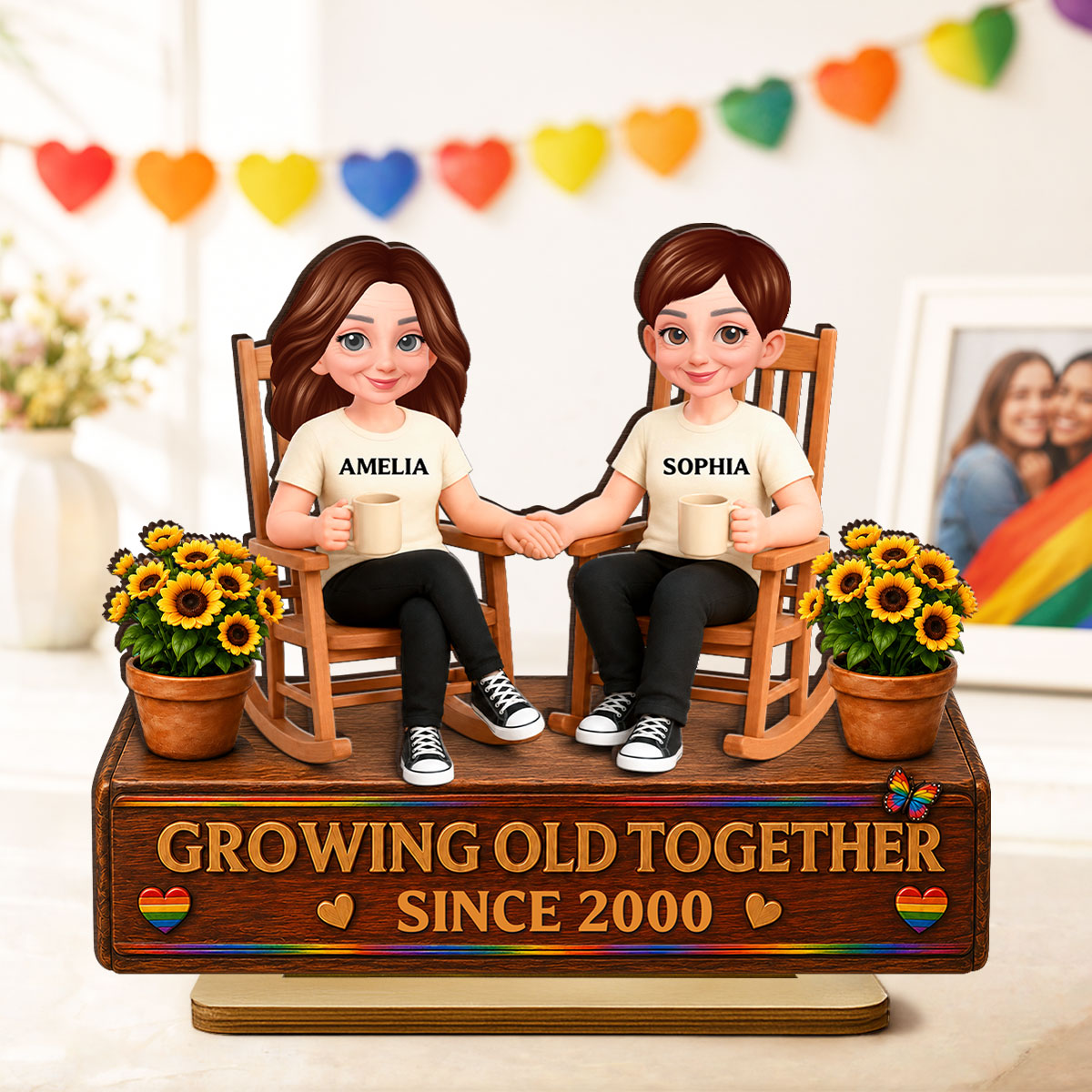 LGBT+ Couple Sitting On Garden - Personalized Wooden Plaque - Gift For Couple, Happy Pride Month