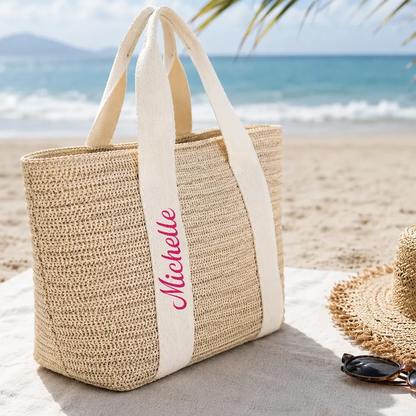 Colorful Name In Style - Personalized Straw Beach Bag
