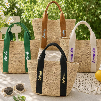 Colorful Name In Style - Personalized Straw Beach Bag